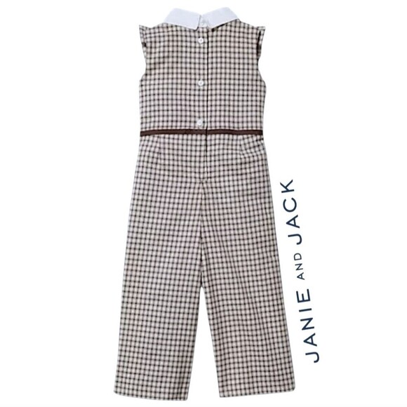 Janie And Jack Girls Tan Houndstooth Jumpsuit Ruffle Crisp White Collar Size 5 - Picture 7 of 14